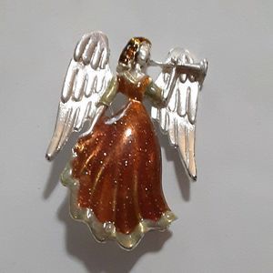 Vintage ceramic angel brooch pin religious signed 1 1/2"